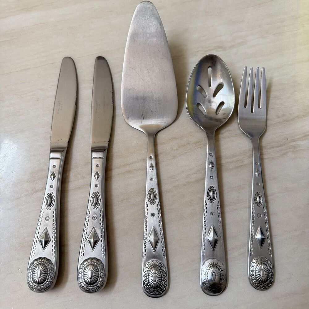 5pc Wallace Taos Dinner Knives/Fork/ Pie Server Stainless Satin Southwest Motif